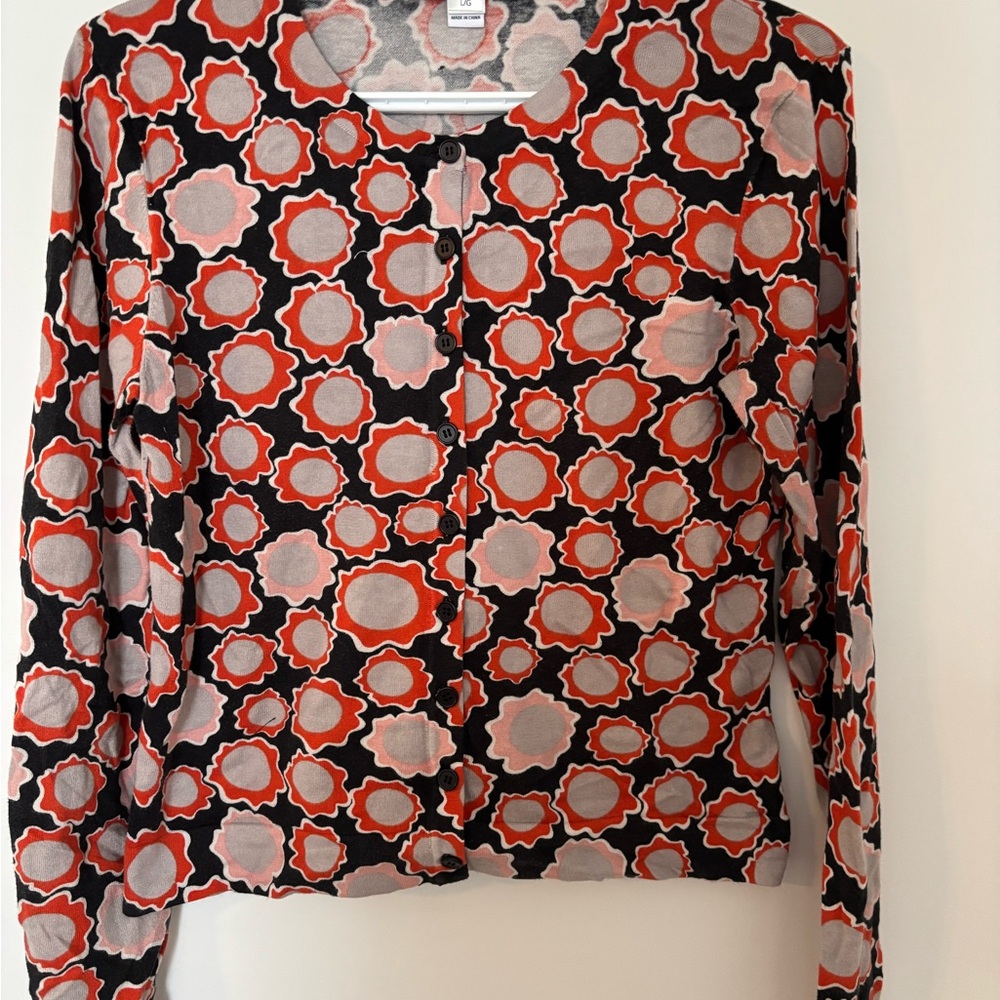 Diane Von Furstenberg Black Red Orange Taupe Print Cardigan fits Medium